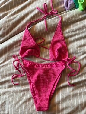 Pacsun Hot Pink Textured Tie-Side Bikini Set